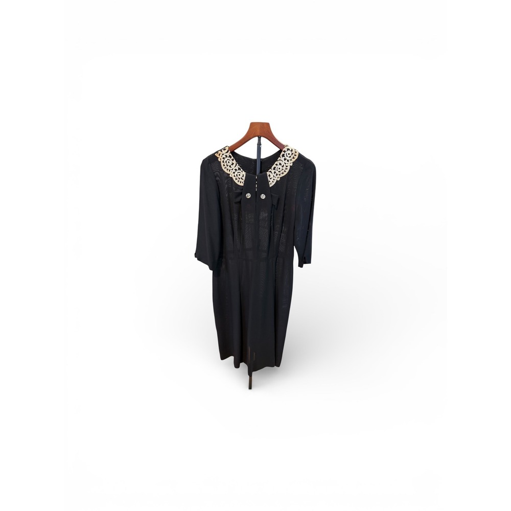 Vtg 40s Dark Academia Goth Black Lace Trim Button Up Midi Dress fits a Large